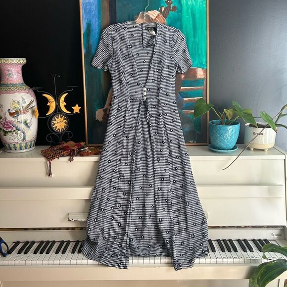 Vintage Studio London Blue and White Boho Floral Checkered Maxi Dress M - Picture 3 of 16